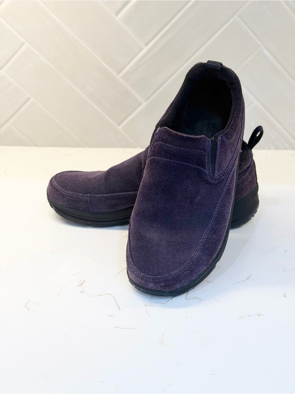 L.L.Bean Womenโs Purple Suede Slip-On Walking Shoes